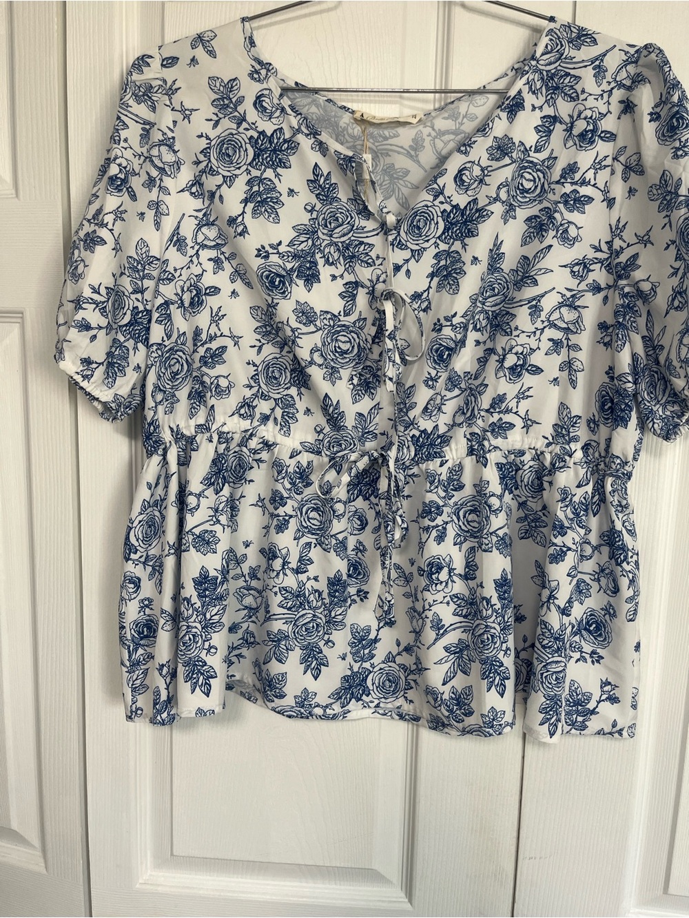 White and Blue Floral Tie-Front Peplum Blouse